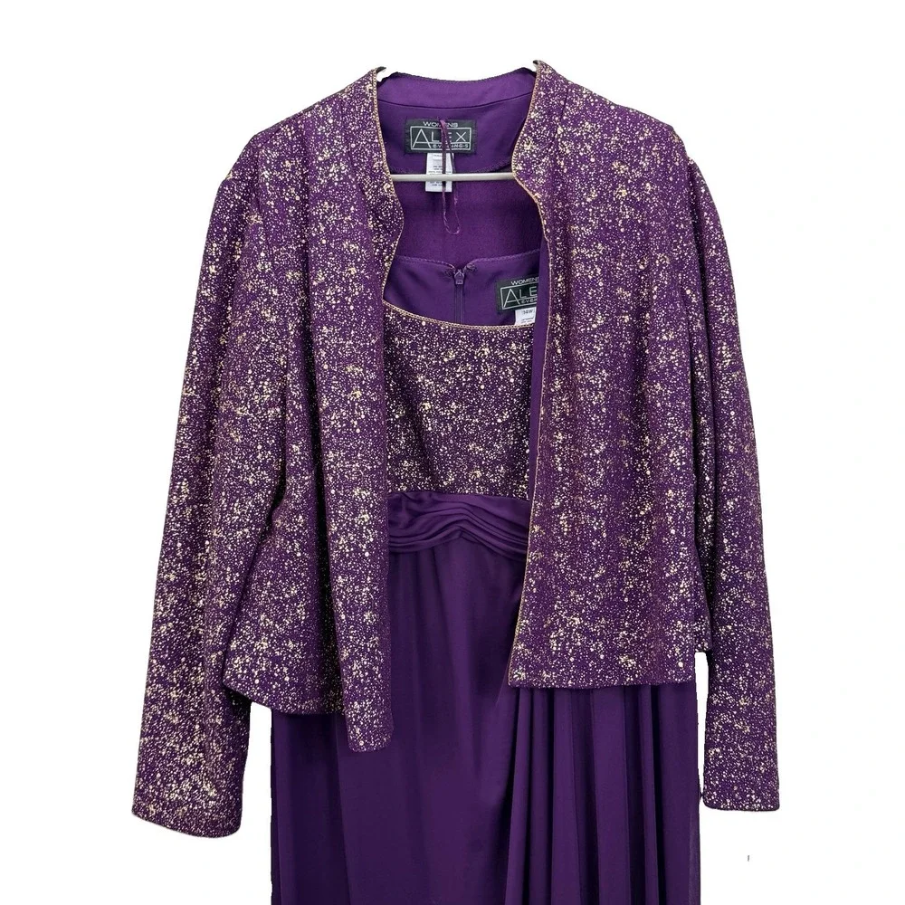 Alex Evenings Purple Gold Glitter 2 Piece Jacket Sleeveless Maxi Dress Set 14W